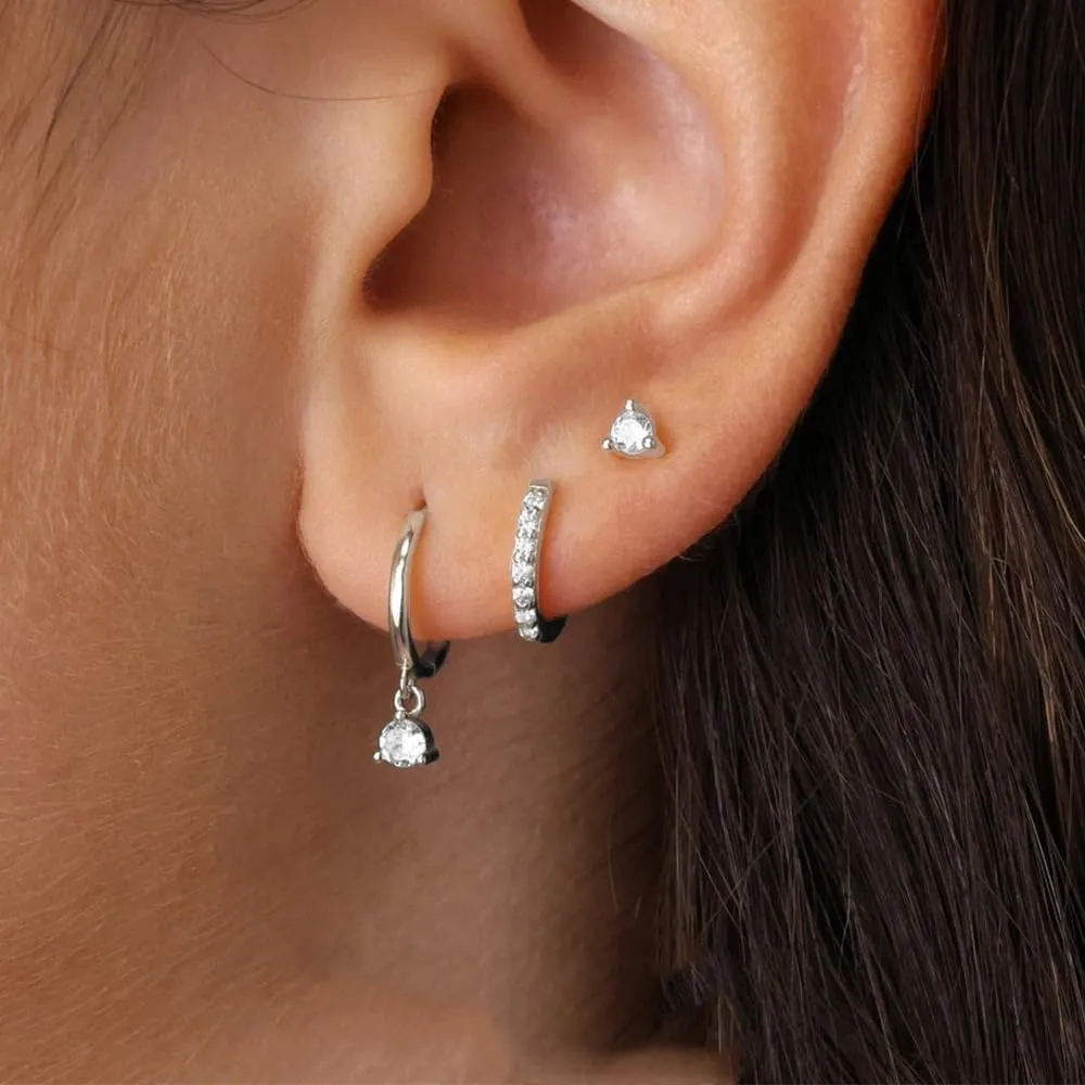 3 Pairs Small Silver Hoop Earrings Set, Hypoallergenic Stud Earrings for Women Trendy,Dainty Cartilage Huggie Dangle Earrings for Multiple Piercing Silver Cubic Zirconia Earring Stacks Jewelry