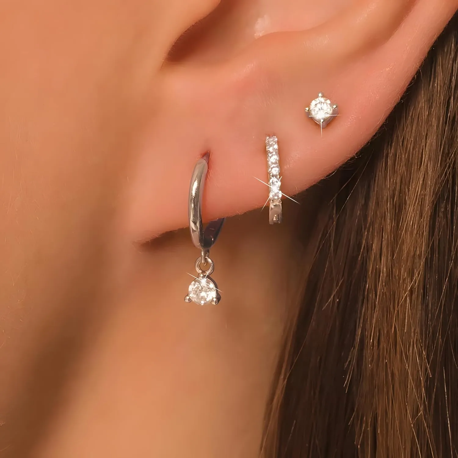 3 Pairs Small Silver Hoop Earrings Set, Hypoallergenic Stud Earrings for Women Trendy,Dainty Cartilage Huggie Dangle Earrings for Multiple Piercing Silver Cubic Zirconia Earring Stacks Jewelry
