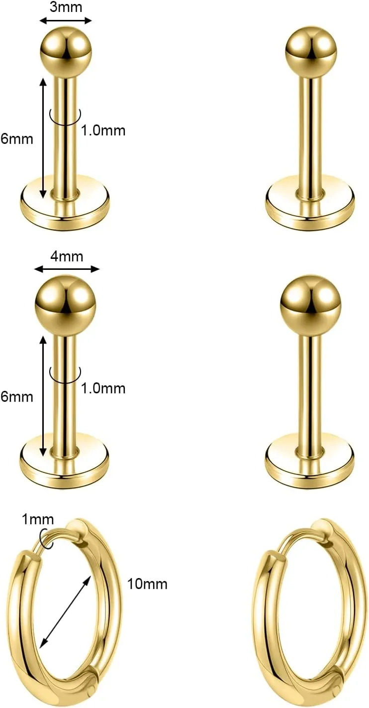 3 Pairs Stainless Steel Earrings Sets, Lightweight and Small Huggie 14K Gold Plated Simple Hoop Earrings Flat Back Cubic Zirconia CZ Stud Earrings Cartilage Hypoallergenic Suitable Men or Women