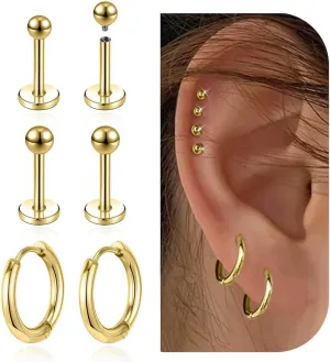 3 Pairs Stainless Steel Earrings Sets, Lightweight and Small Huggie 14K Gold Plated Simple Hoop Earrings Flat Back Cubic Zirconia CZ Stud Earrings Cartilage Hypoallergenic Suitable Men or Women