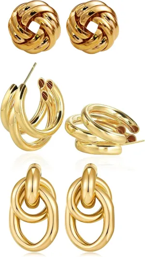 3 PCS Gold Earrings for Women Trendy, Gold Hoop Earrings Stud Dangle Hypoallergenic Earrings Gift for Her