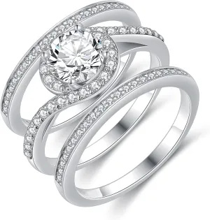 3 Piece Halo Wedding Ring Set for Women Bridal Ring Set 1 Ct Center Moissanite Engagement Ring Set Platinum Plated Silver Anniversary Promise Rings