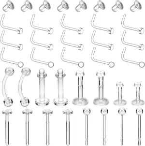 31PCS Clear Piercing Retainer, 16G 20G Clear Piercing Jewelry, Nose Rings Belly Rings Septum Eyebrow Lip Cartilage Tragus Earrings Jewelry Mixed Styles Nose Ring Retainer for Men and Women