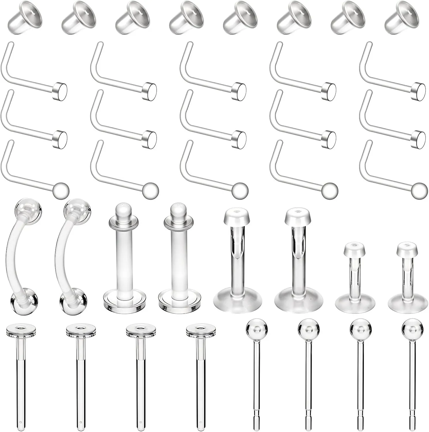 31PCS Clear Piercing Retainer, 16G 20G Clear Piercing Jewelry, Nose Rings Belly Rings Septum Eyebrow Lip Cartilage Tragus Earrings Jewelry Mixed Styles Nose Ring Retainer for Men and Women