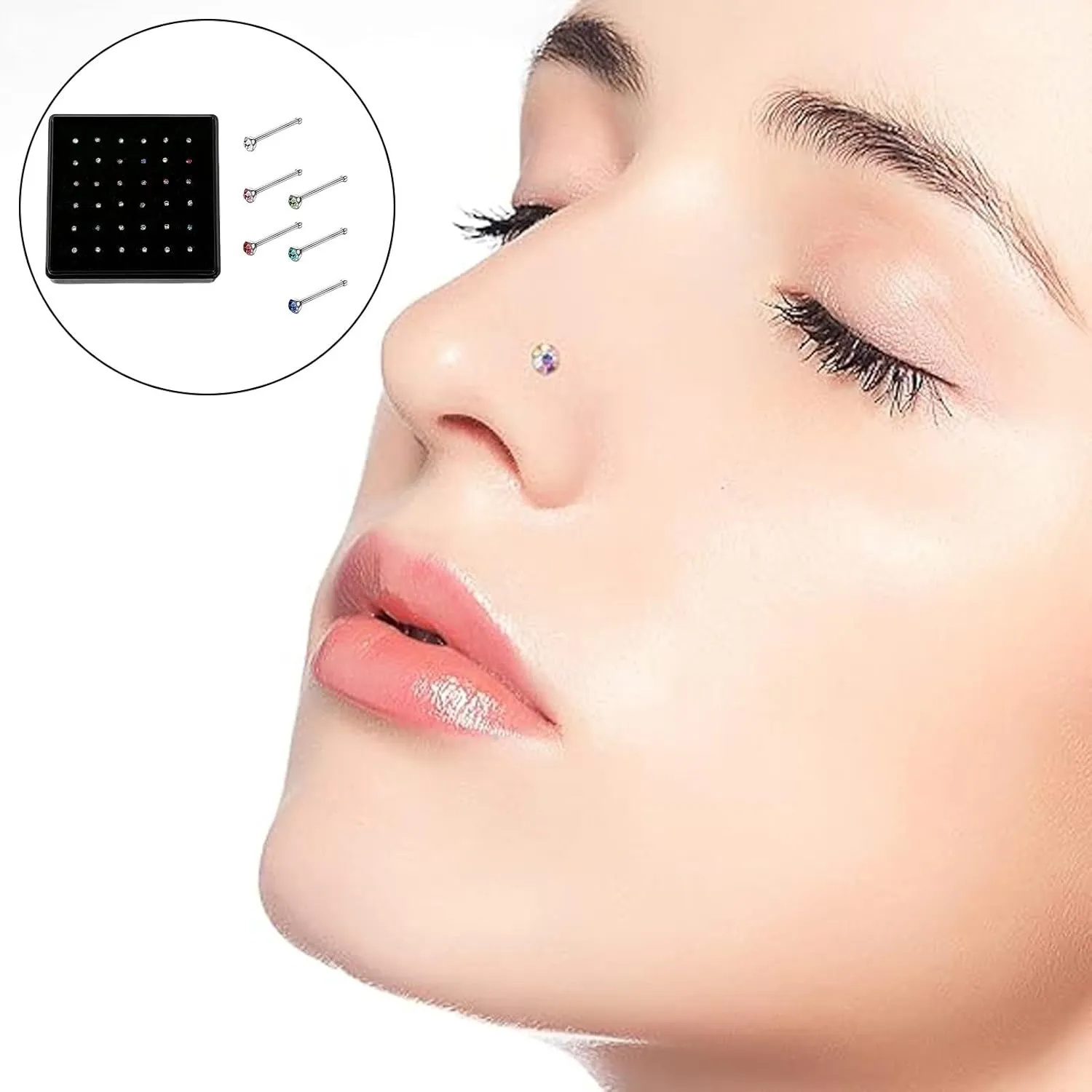 36PCS Stainless Steel Nose Ring Body Piercing Jewelry, Nose Bone Stud Nose Hoop Crystal Hypoallergenic, Nose Studs Boxed
