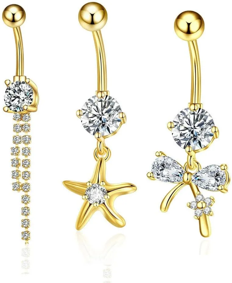 3Pcs 14G CZ Tassel Star Bowknot Dangle Belly Button Rings for Women Dangling 316L Stainless Steel Belly Navel Barbell Ring Sparkling Body Piercing Jewelry