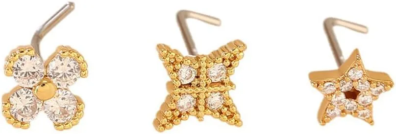 3Pcs 20G Surgical Steel CZ Nose Rings Studs for Women 316L Stainless Steel Gold Petal Flower Star L-Shaped Nose Studs Ring Sparkling Nostril Piercing Jewelry