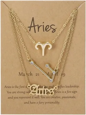 3Pcs Layered 12 Constellation Zodiac Pendant Necklace Set Retro Paper Card Letter Horoscope Floral Birth Month Clavicle Necklace for Women Friendship Jewelry Valentine's Day Gift