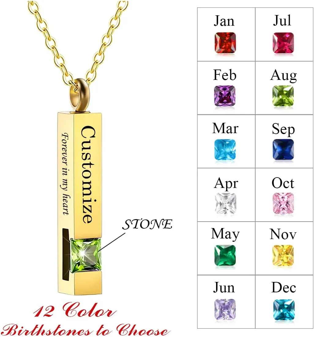 3Pcs Personalized Urn Necklaces for Ashes Cremation Urn Pendant Engraved Name/Date for Women Men Pet, Stainless Steel Memorial Jewelry Keepsake with Birthstones Funnel Kit