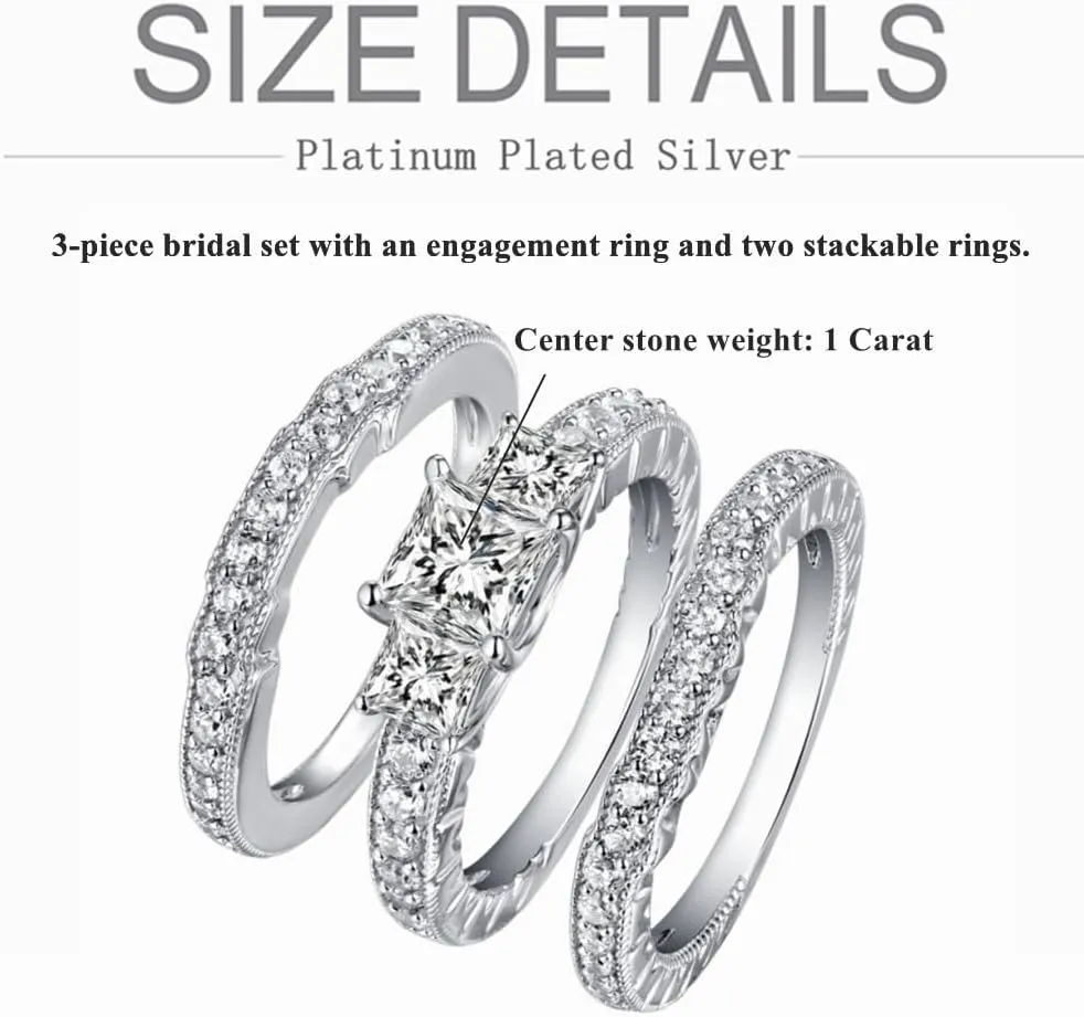 3PCS Princess Cut Wedding Ring Set for Women 2.8 Ctw Moissanite Bridal Ring Set Platinum Plated Silver Engagement Ring Set Bridal Set