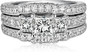 3PCS Princess Cut Wedding Ring Set for Women 2.8 Ctw Moissanite Bridal Ring Set Platinum Plated Silver Engagement Ring Set Bridal Set