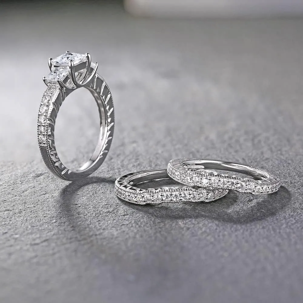3PCS Princess Cut Wedding Ring Set for Women 2.8 Ctw Moissanite Bridal Ring Set Platinum Plated Silver Engagement Ring Set Bridal Set