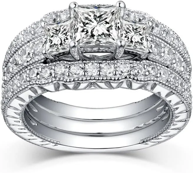 3PCS Princess Cut Wedding Ring Set for Women 2.8 Ctw Moissanite Bridal Ring Set Platinum Plated Silver Engagement Ring Set Bridal Set