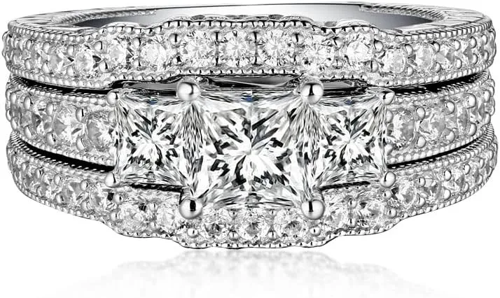 3PCS Princess Cut Wedding Ring Set for Women 2.8 Ctw Moissanite Bridal Ring Set Platinum Plated Silver Engagement Ring Set Bridal Set