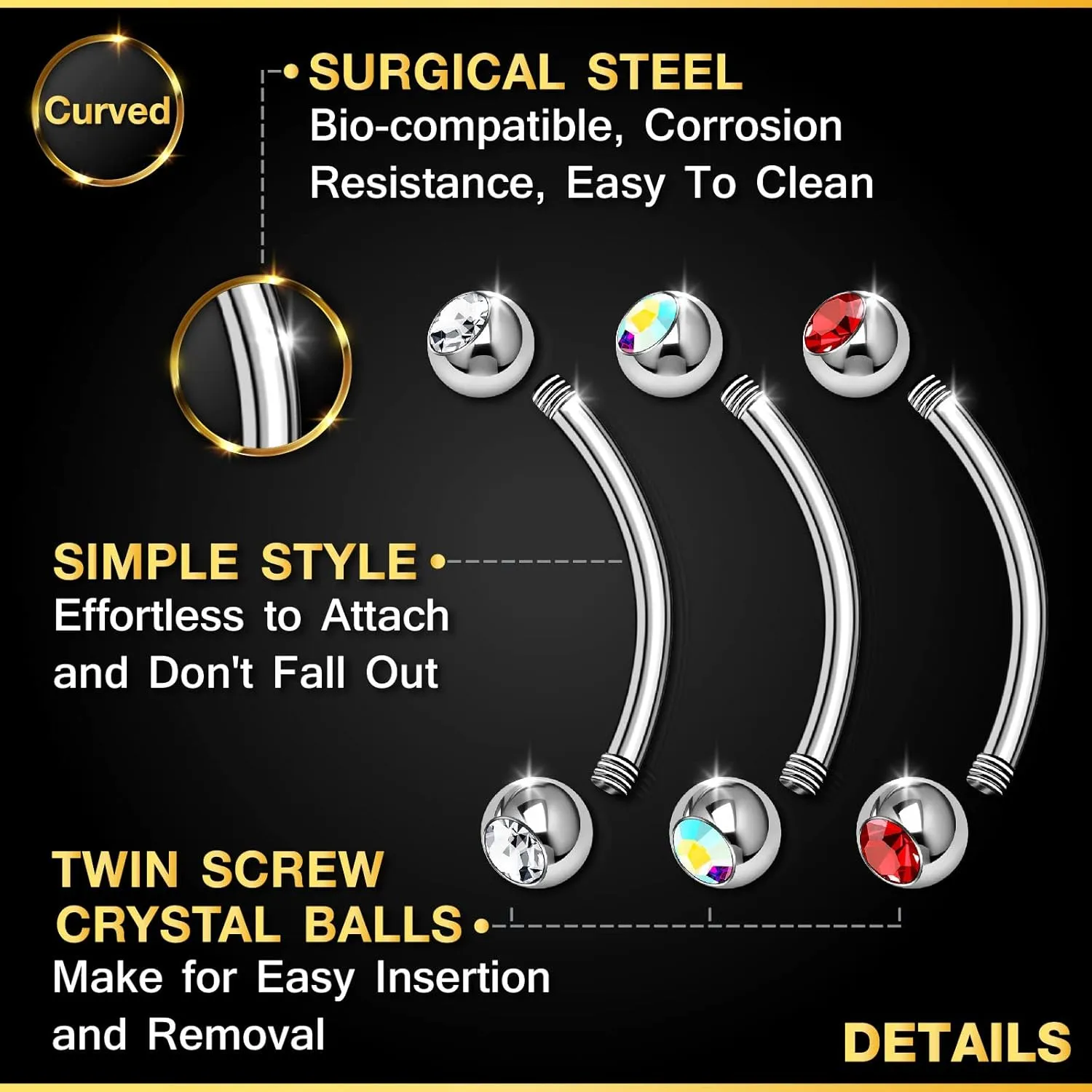 3PCS Surgical Steel Curved Barbell Bar 14 Gauge 5/16 8mm 4mm Crystal Ball Lobe Earrings Tragus Piercing Jewelry Choose Colors