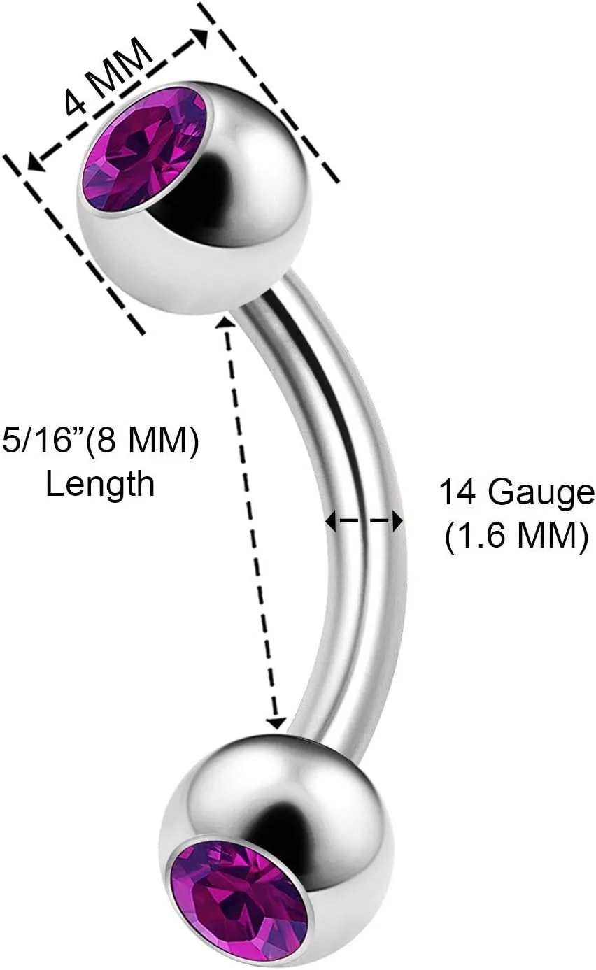 3PCS Surgical Steel Curved Barbell Bar 14 Gauge 5/16 8mm 4mm Crystal Ball Lobe Earrings Tragus Piercing Jewelry Choose Colors