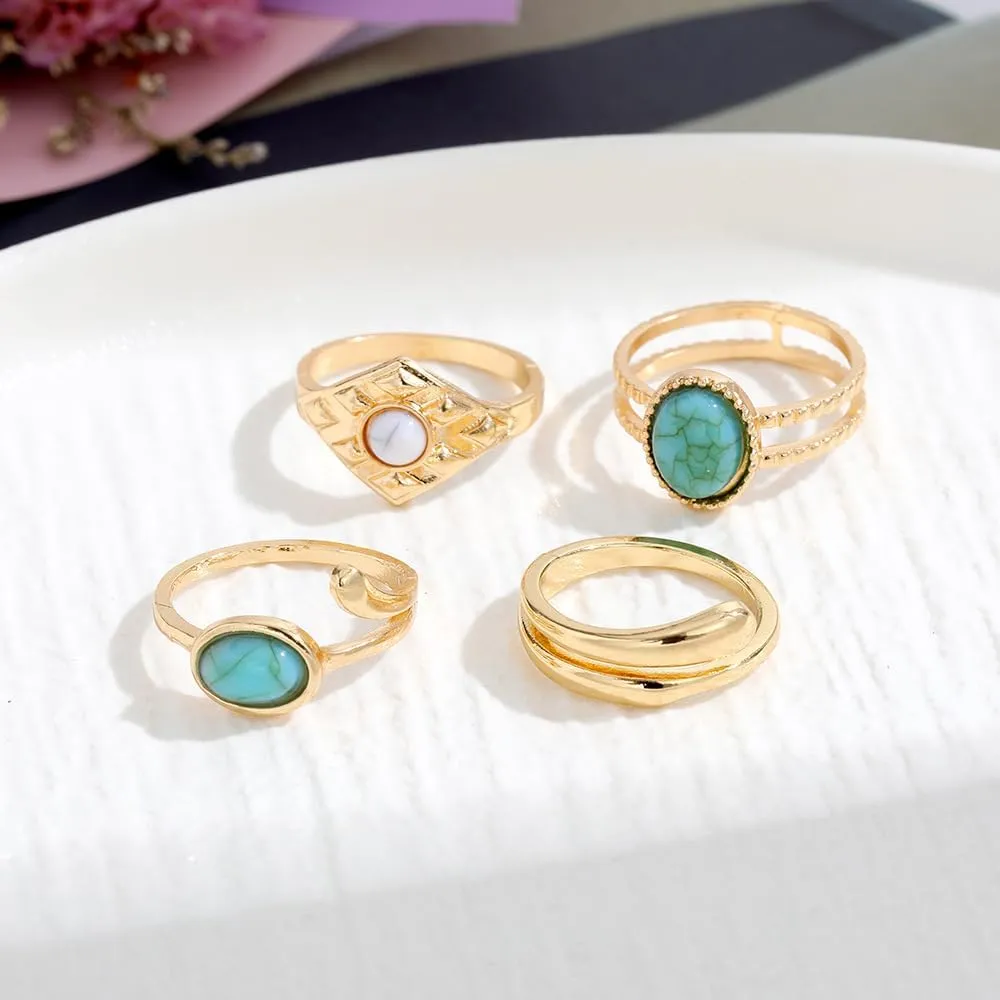 4-6PCS Vintage Stackable Knuckle Ring for Women Turquoise Resin Green Red Gem Ring Set Gold Twist Finger Rings