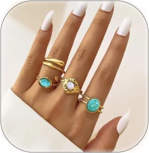 4-6PCS Vintage Stackable Knuckle Ring for Women Turquoise Resin Green Red Gem Ring Set Gold Twist Finger Rings