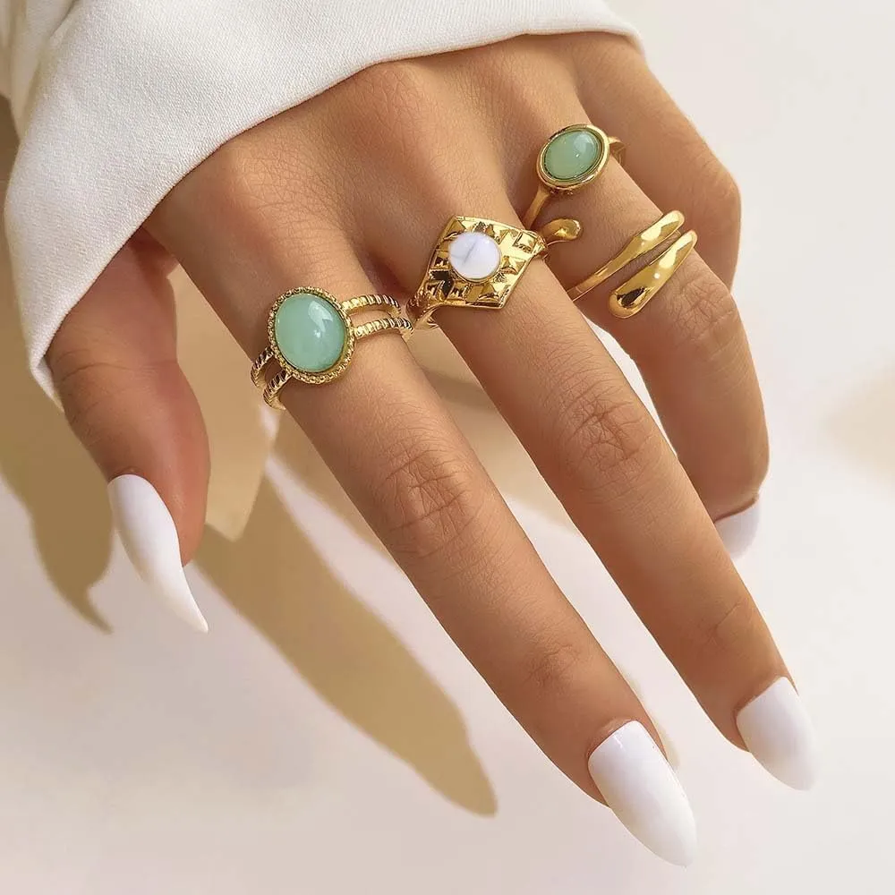 4-6PCS Vintage Stackable Knuckle Ring for Women Turquoise Resin Green Red Gem Ring Set Gold Twist Finger Rings