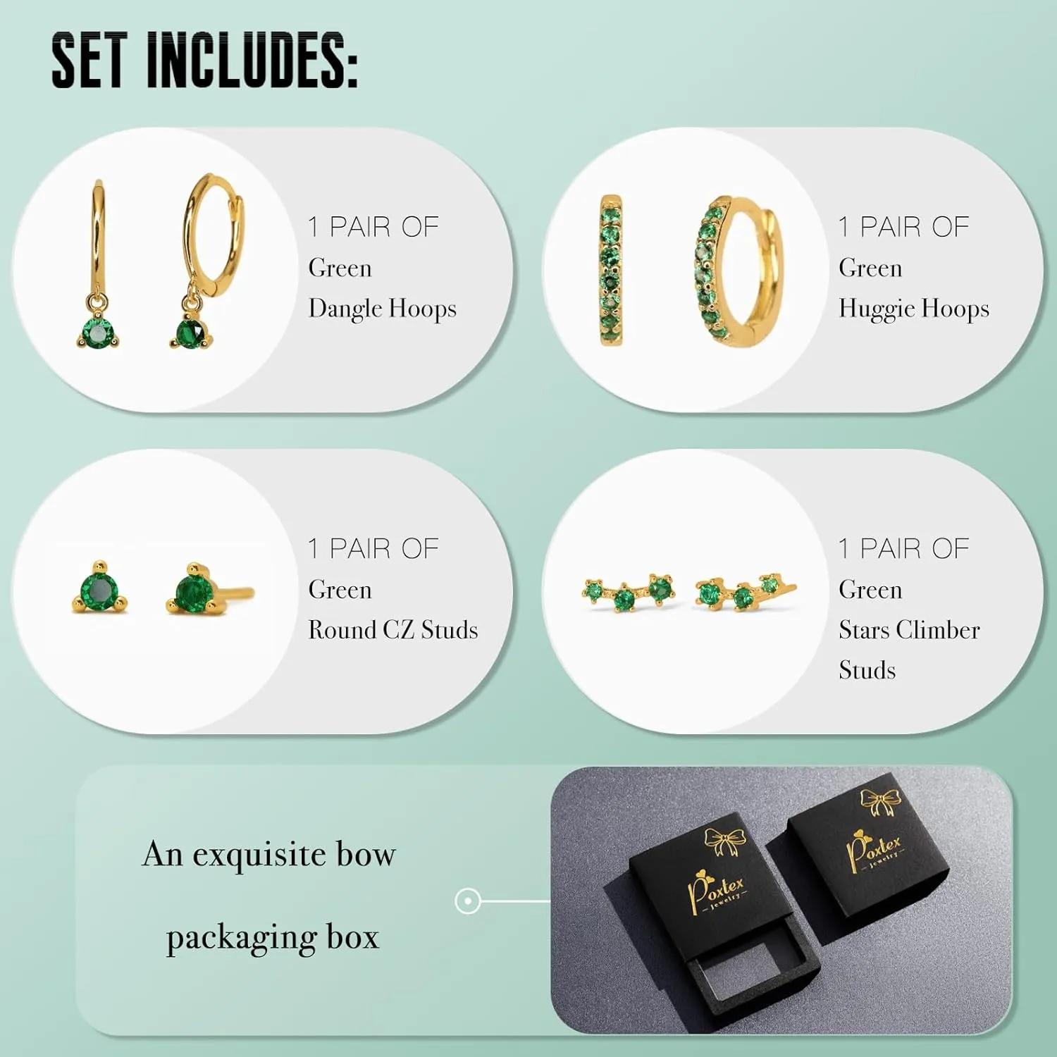 4 Pairs Stud Hoop Earrings Set for Women, Trendy Dangle Jacket Huggie Stacks for Multiple Piercing, Hypoallergenic Cartilage Jewelry Gifts