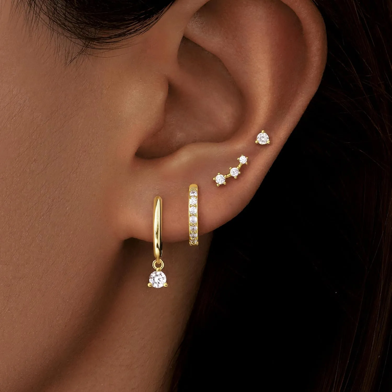 4 Pairs Stud Hoop Earrings Set for Women, Trendy Dangle Jacket Huggie Stacks for Multiple Piercing, Hypoallergenic Cartilage Jewelry Gifts