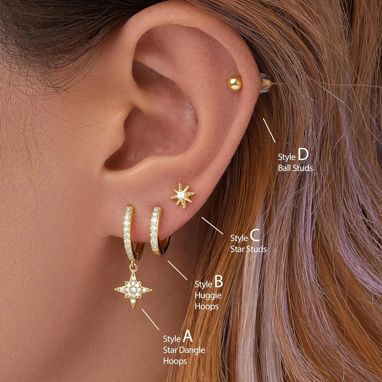 4 Pairs Stud Hoop Earrings Set for Women, Trendy Dangle Jacket Huggie Stacks for Multiple Piercing, Hypoallergenic Cartilage Jewelry Gifts