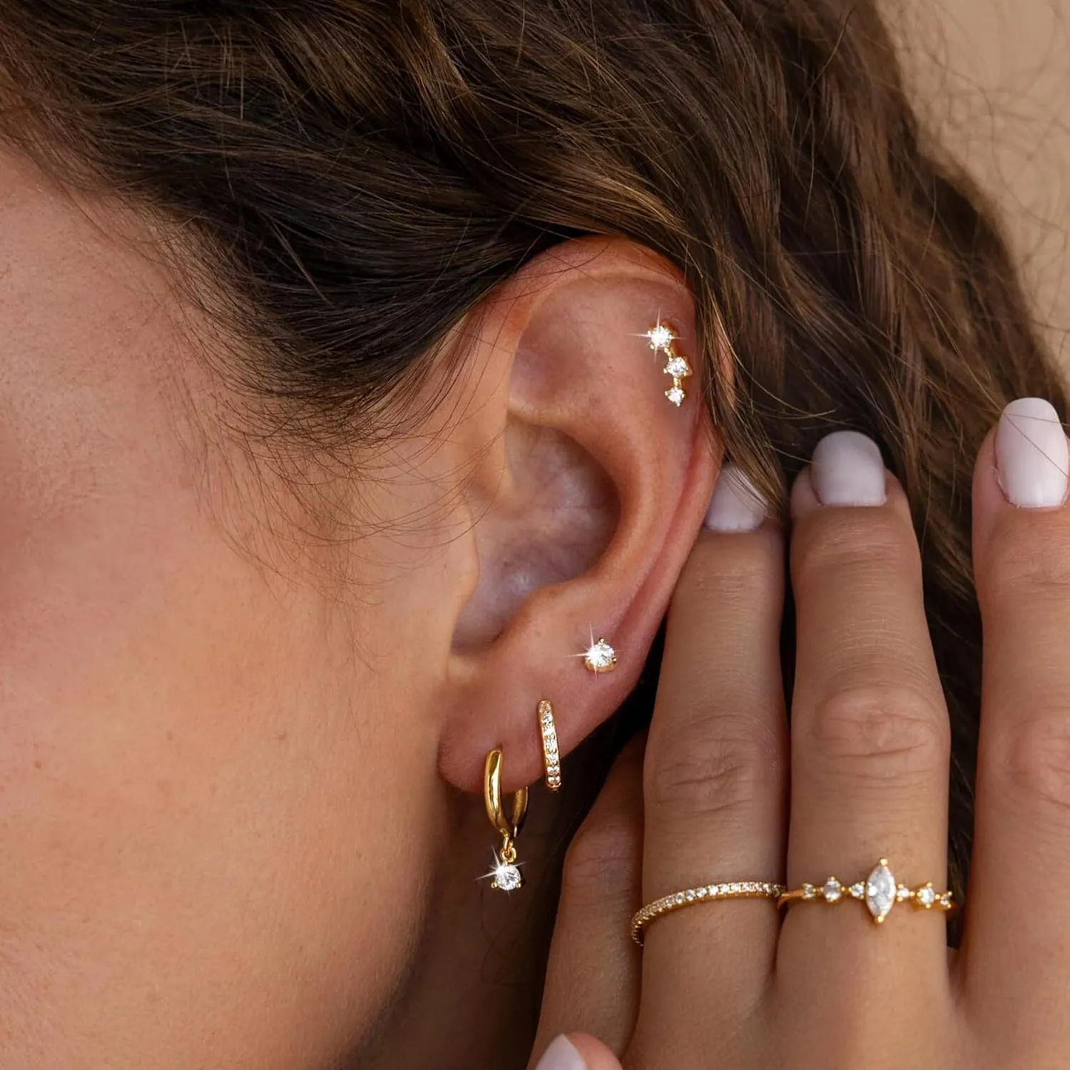 4 Pairs Stud Hoop Earrings Set for Women, Trendy Dangle Jacket Huggie Stacks for Multiple Piercing, Hypoallergenic Cartilage Jewelry Gifts