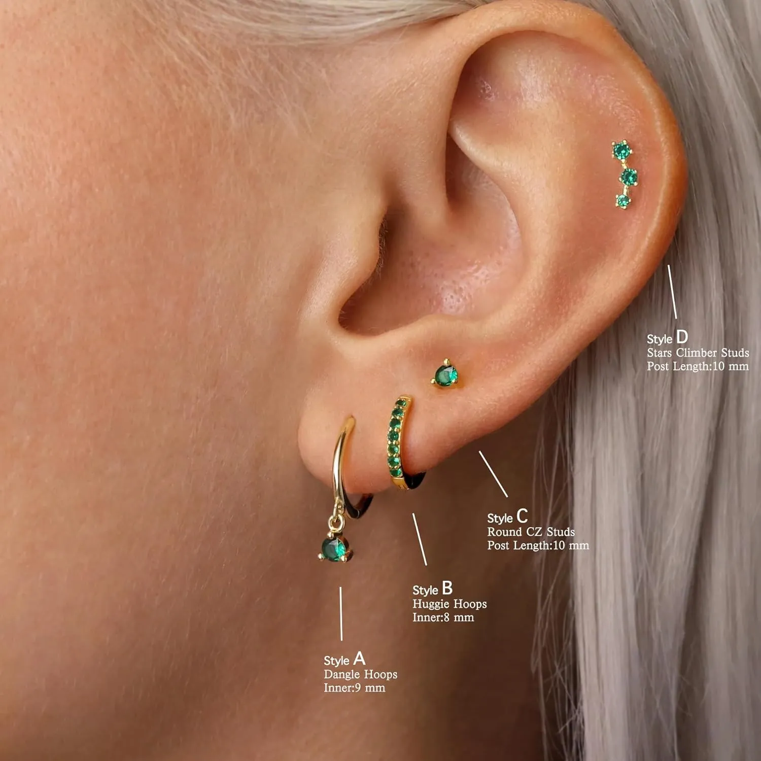 4 Pairs Stud Hoop Earrings Set for Women, Trendy Dangle Jacket Huggie Stacks for Multiple Piercing, Hypoallergenic Cartilage Jewelry Gifts
