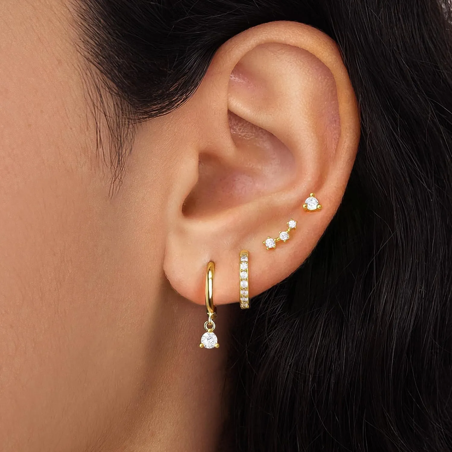 4 Pairs Stud Hoop Earrings Set for Women, Trendy Dangle Jacket Huggie Stacks for Multiple Piercing, Hypoallergenic Cartilage Jewelry Gifts