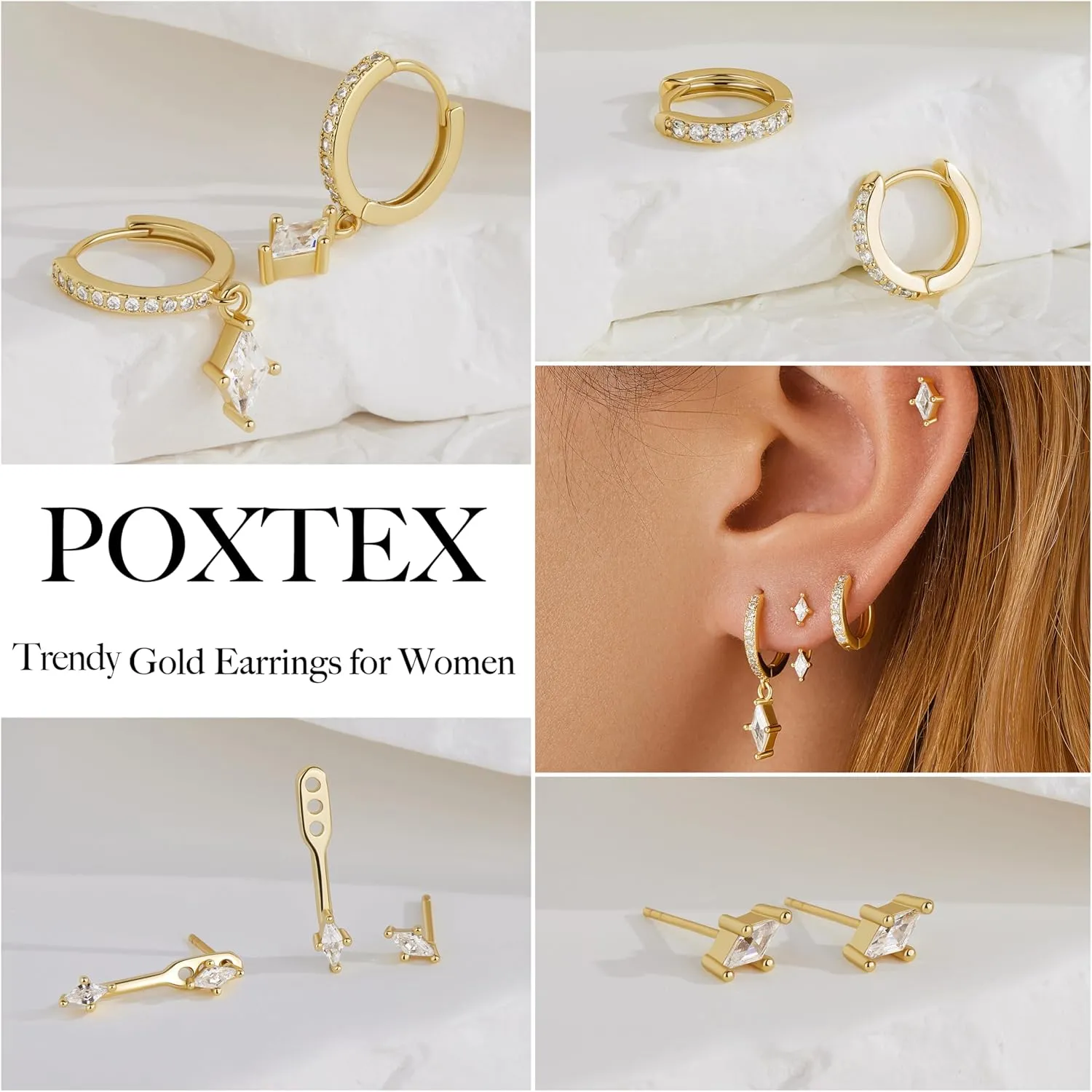 4 Pairs Stud Hoop Earrings Set for Women, Trendy Dangle Jacket Huggie Stacks for Multiple Piercing, Hypoallergenic Cartilage Jewelry Gifts