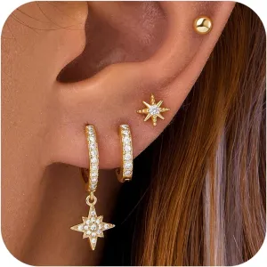 4 Pairs Stud Hoop Earrings Set for Women, Trendy Dangle Jacket Huggie Stacks for Multiple Piercing, Hypoallergenic Cartilage Jewelry Gifts