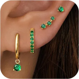 4 Pairs Stud Hoop Earrings Set for Women, Trendy Dangle Jacket Huggie Stacks for Multiple Piercing, Hypoallergenic Cartilage Jewelry Gifts