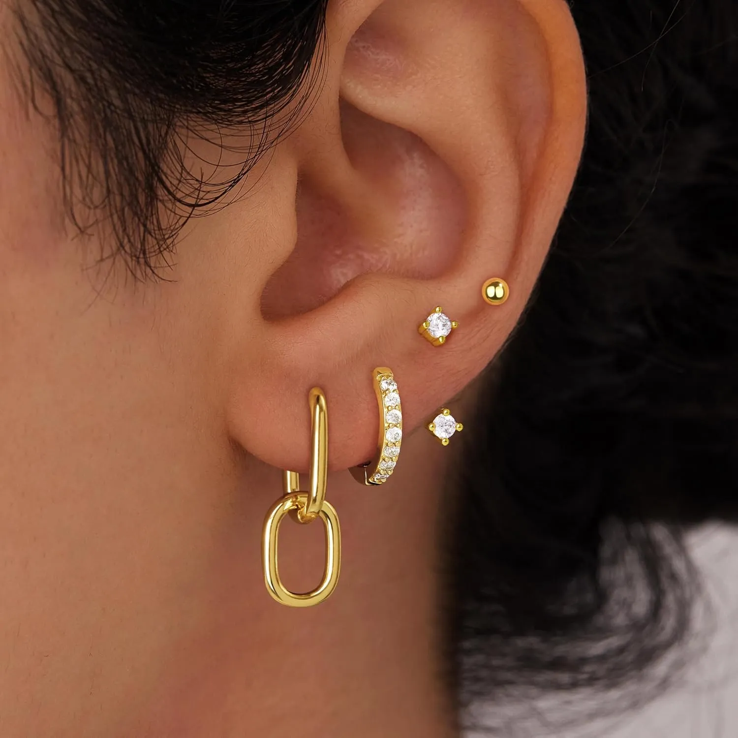 4 Pairs Stud Hoop Earrings Set for Women, Trendy Dangle Jacket Huggie Stacks for Multiple Piercing, Hypoallergenic Cartilage Jewelry Gifts