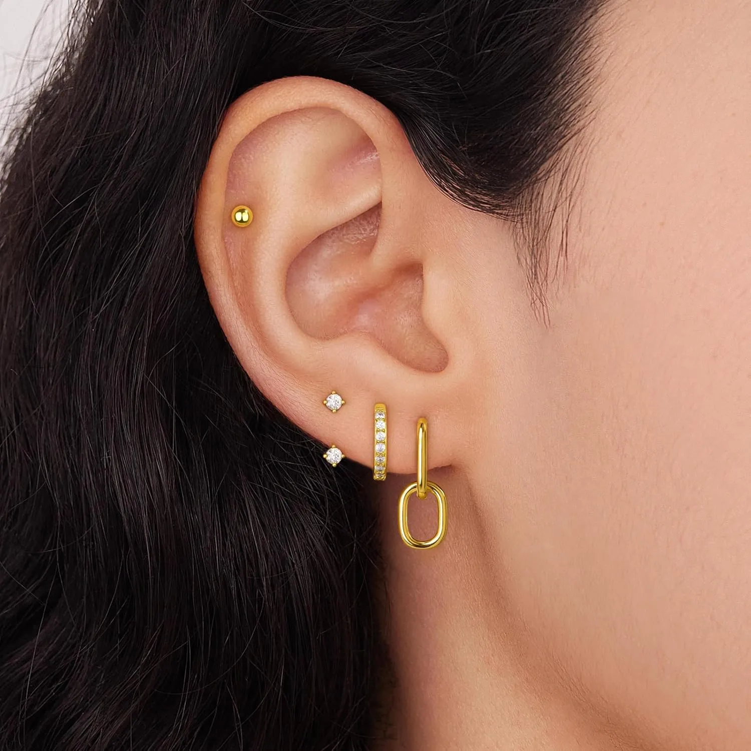 4 Pairs Stud Hoop Earrings Set for Women, Trendy Dangle Jacket Huggie Stacks for Multiple Piercing, Hypoallergenic Cartilage Jewelry Gifts