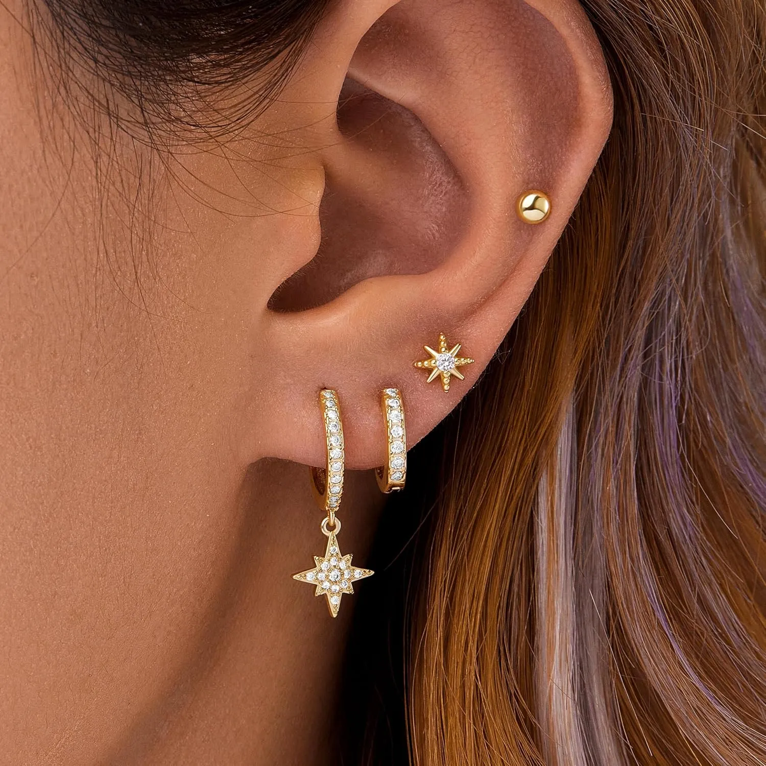 4 Pairs Stud Hoop Earrings Set for Women, Trendy Dangle Jacket Huggie Stacks for Multiple Piercing, Hypoallergenic Cartilage Jewelry Gifts