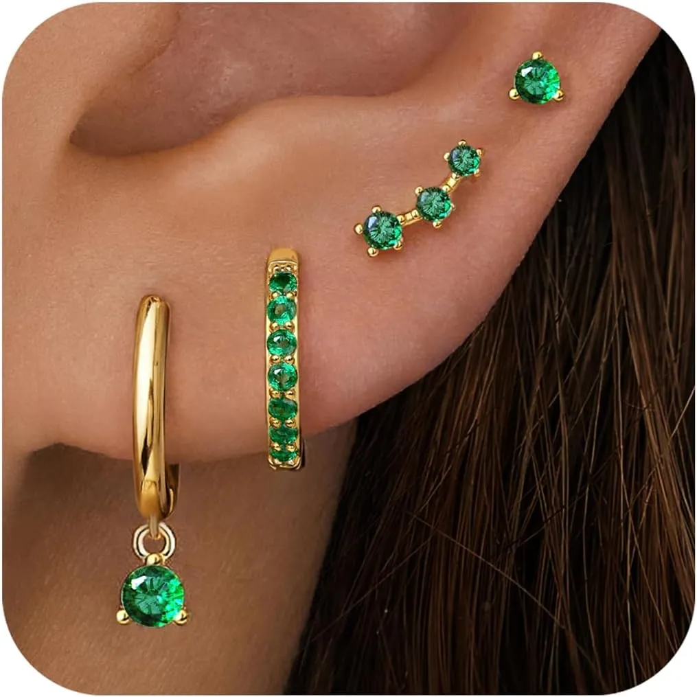 4 Pairs Stud Hoop Earrings Set for Women, Trendy Dangle Jacket Huggie Stacks for Multiple Piercing, Hypoallergenic Cartilage Jewelry Gifts