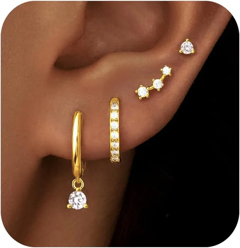 4 Pairs Stud Hoop Earrings Set for Women, Trendy Dangle Jacket Huggie Stacks for Multiple Piercing, Hypoallergenic Cartilage Jewelry Gifts