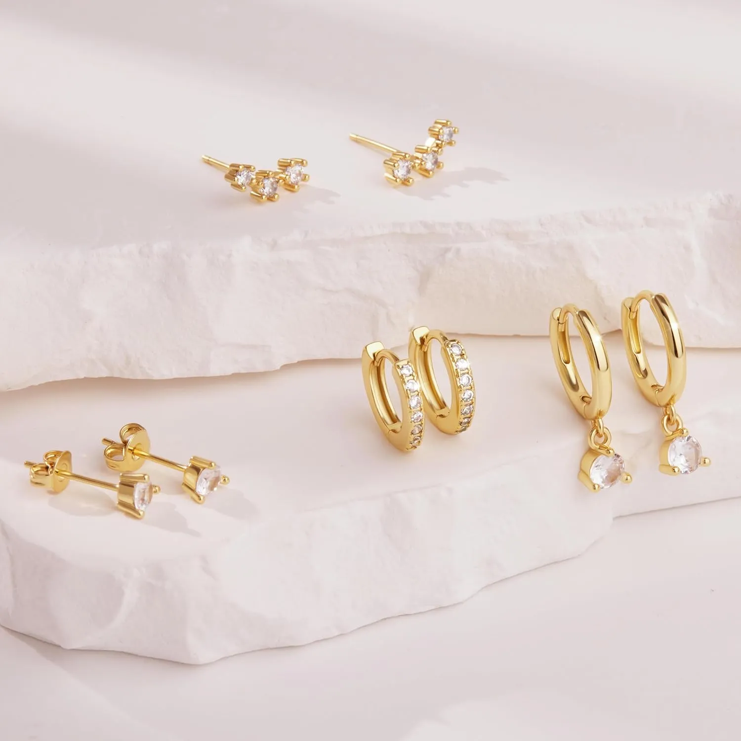 4 Pairs Stud Hoop Earrings Set for Women, Trendy Dangle Jacket Huggie Stacks for Multiple Piercing, Hypoallergenic Cartilage Jewelry Gifts