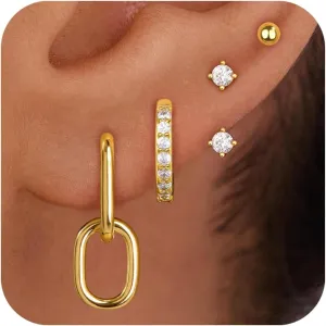 4 Pairs Stud Hoop Earrings Set for Women, Trendy Dangle Jacket Huggie Stacks for Multiple Piercing, Hypoallergenic Cartilage Jewelry Gifts
