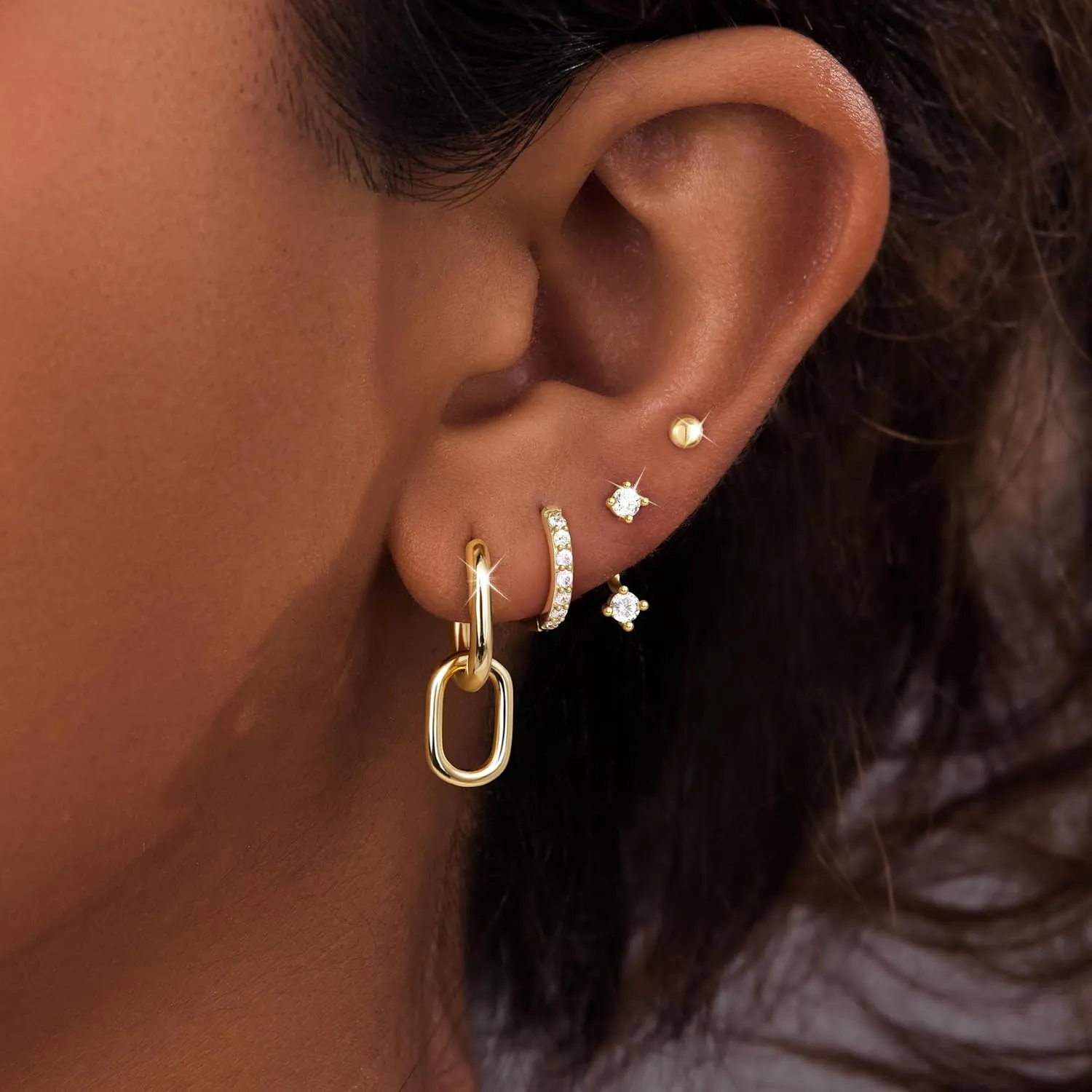 4 Pairs Stud Hoop Earrings Set for Women, Trendy Dangle Jacket Huggie Stacks for Multiple Piercing, Hypoallergenic Cartilage Jewelry Gifts
