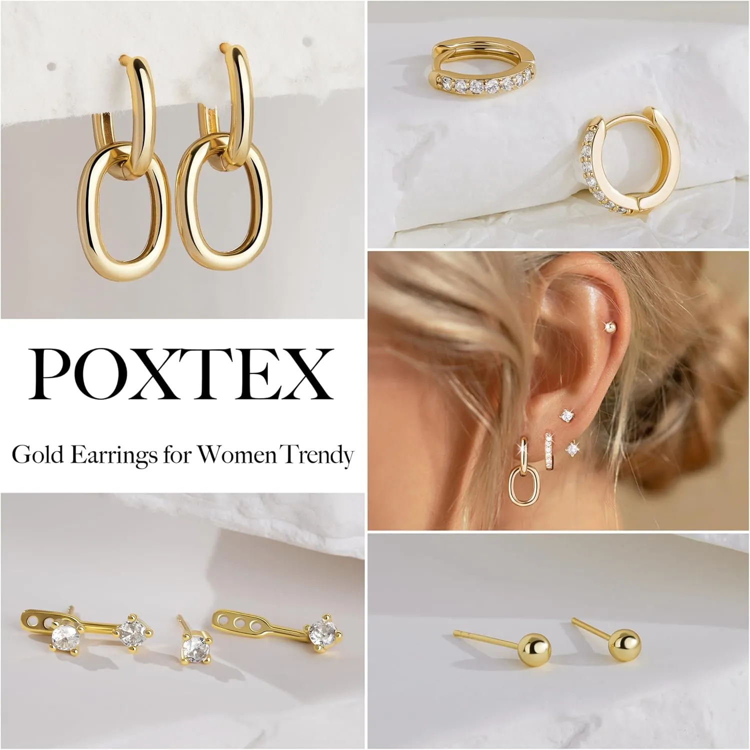 4 Pairs Stud Hoop Earrings Set for Women, Trendy Dangle Jacket Huggie Stacks for Multiple Piercing, Hypoallergenic Cartilage Jewelry Gifts
