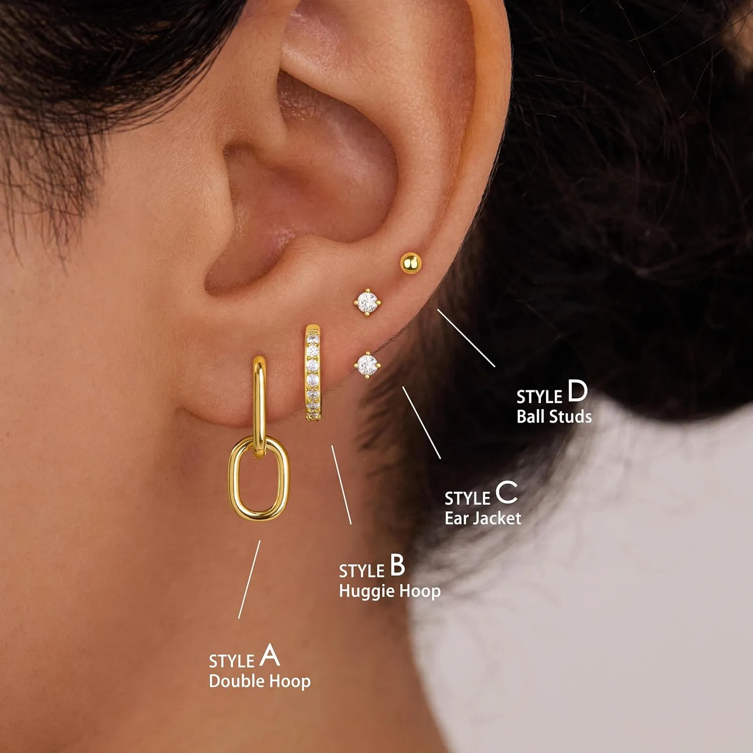 4 Pairs Stud Hoop Earrings Set for Women, Trendy Dangle Jacket Huggie Stacks for Multiple Piercing, Hypoallergenic Cartilage Jewelry Gifts