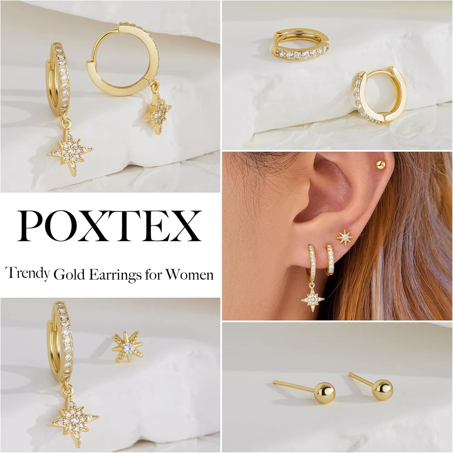 4 Pairs Stud Hoop Earrings Set for Women, Trendy Dangle Jacket Huggie Stacks for Multiple Piercing, Hypoallergenic Cartilage Jewelry Gifts