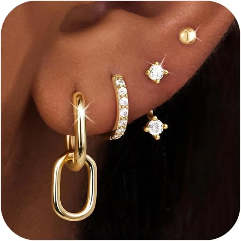 4 Pairs Stud Hoop Earrings Set for Women, Trendy Dangle Jacket Huggie Stacks for Multiple Piercing, Hypoallergenic Cartilage Jewelry Gifts