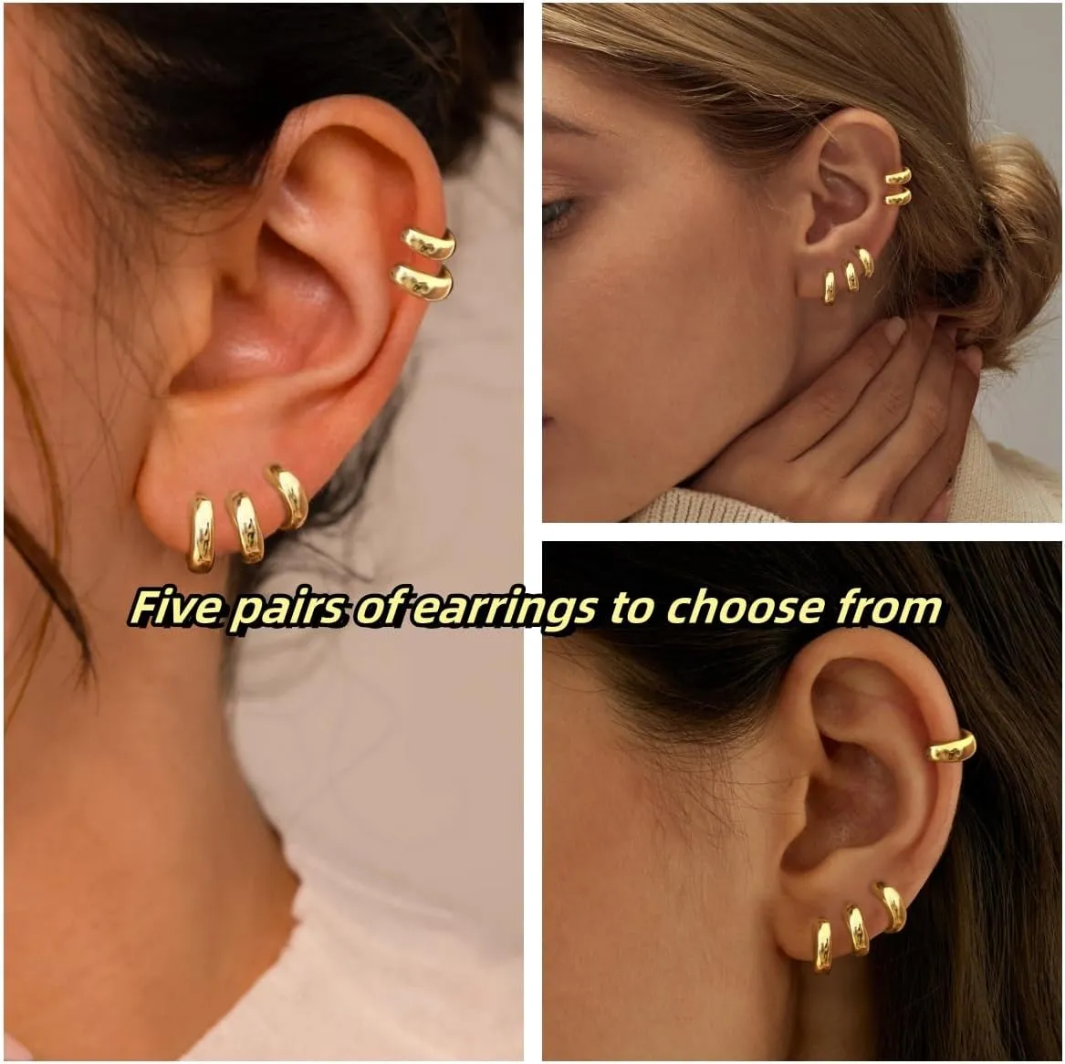 5Pairs Gold Hoop Earrings for Women, Dainty 14K Gold Plated Huggie Hoop Earrings for Women Lightweight Cartilage Earrings Set for Multiple Piercing Cartilage Hoop Earrings Stack Trendy Jewelry (8mm 9mm 10mm 11mm 12mm)