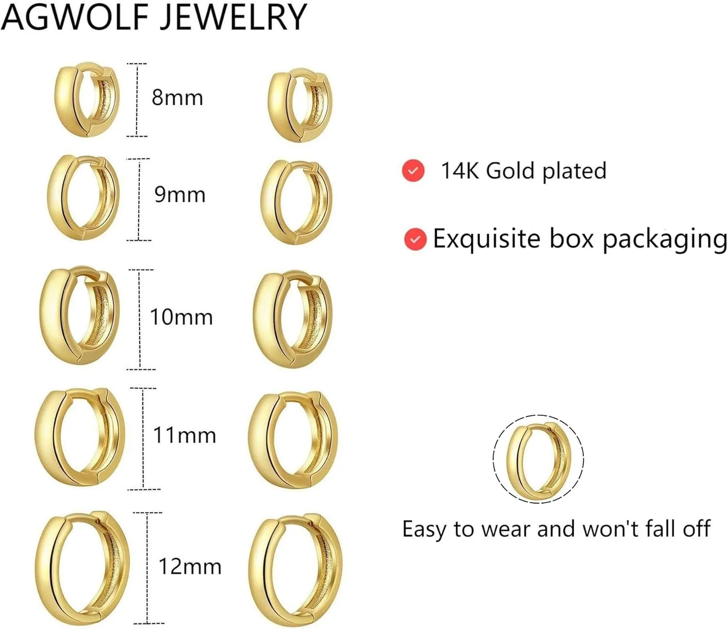 5Pairs Gold Hoop Earrings for Women, Dainty 14K Gold Plated Huggie Hoop Earrings for Women Lightweight Cartilage Earrings Set for Multiple Piercing Cartilage Hoop Earrings Stack Trendy Jewelry (8mm 9mm 10mm 11mm 12mm)