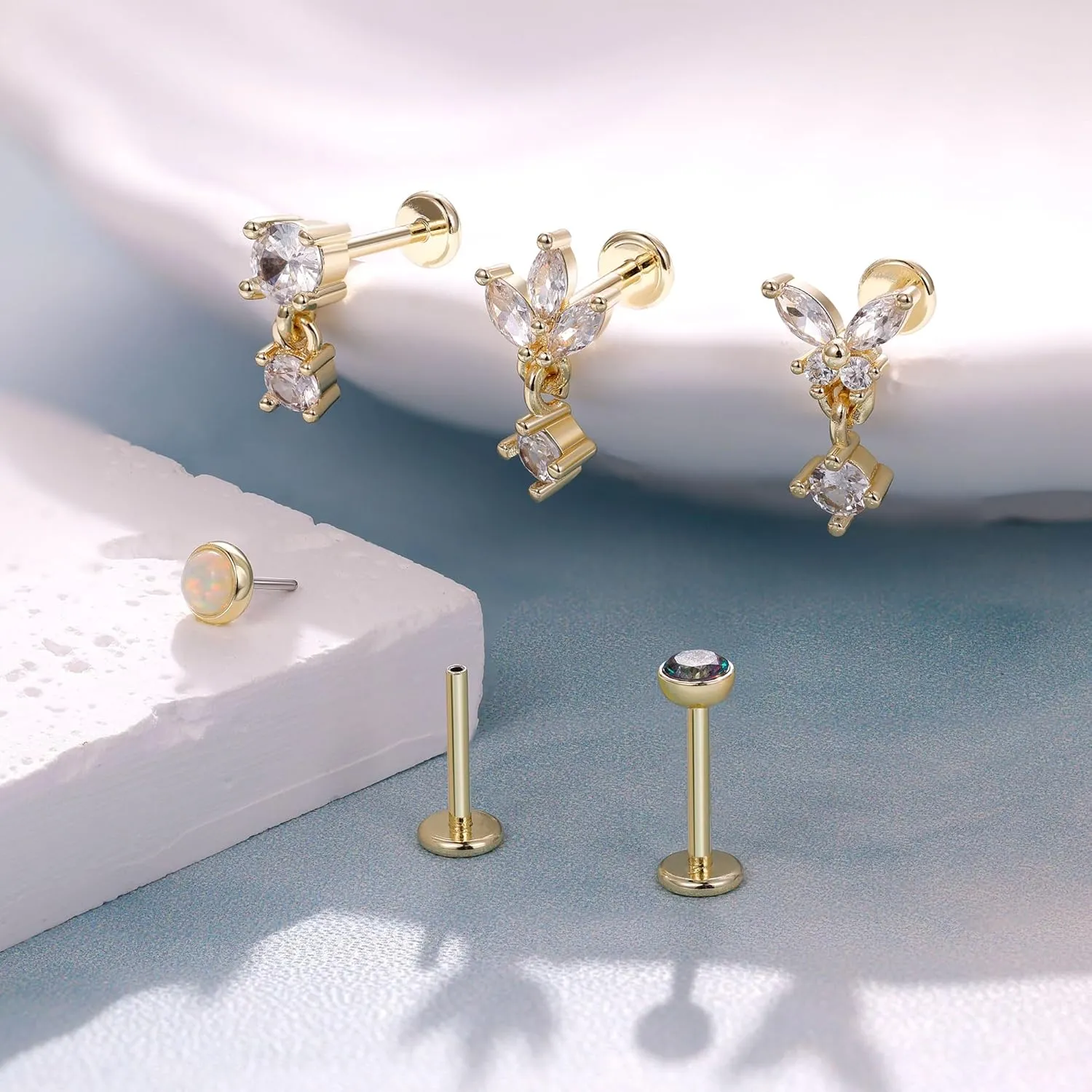 5Pcs 18G Surgical Steel Threadless Cartilage Labret Monroe Stud Earrings for Women Push in Flat Back Helix Tragus Lip Stud Earrings Conch Nose Stud Piercing Jewelry 6/8/10MM