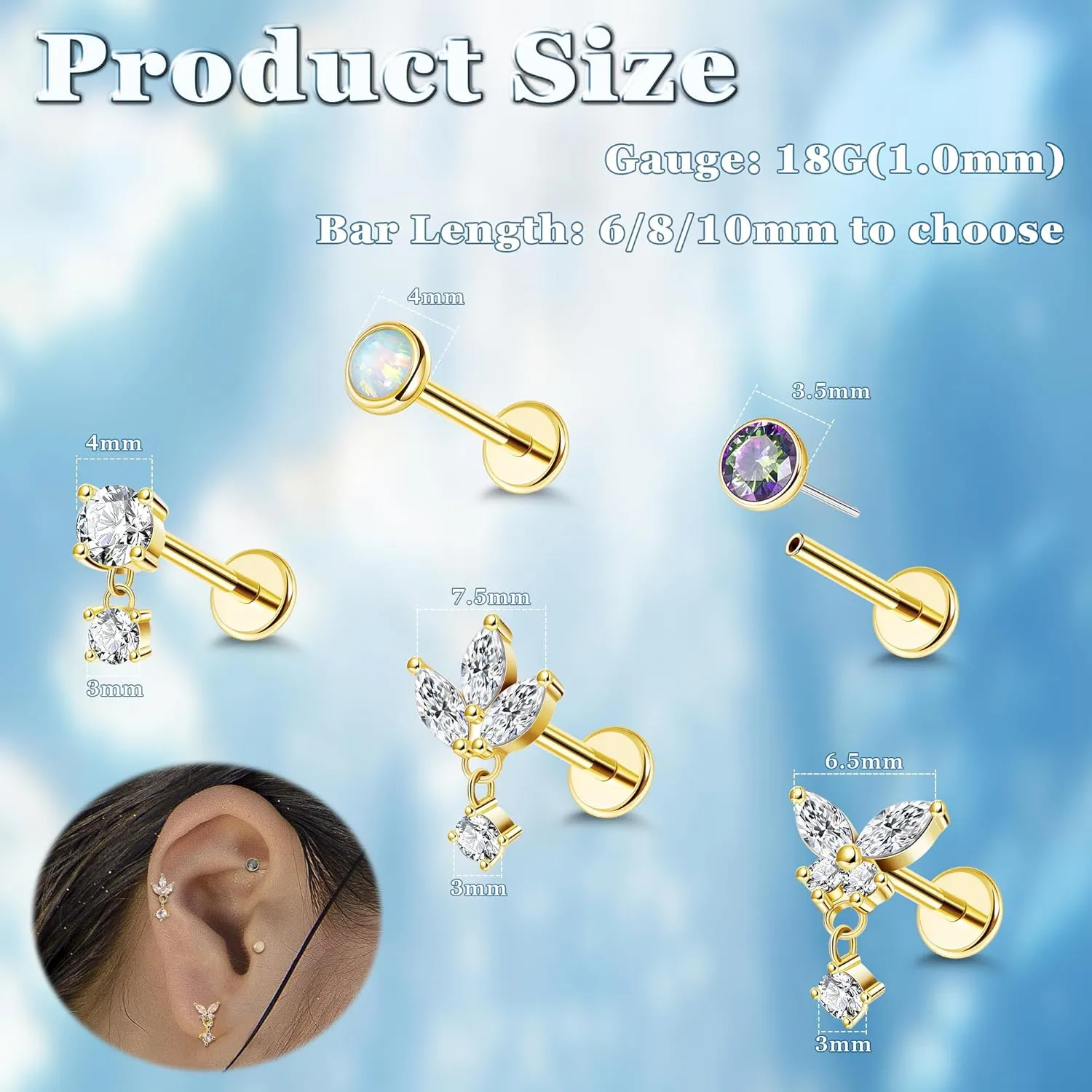 5Pcs 18G Surgical Steel Threadless Cartilage Labret Monroe Stud Earrings for Women Push in Flat Back Helix Tragus Lip Stud Earrings Conch Nose Stud Piercing Jewelry 6/8/10MM