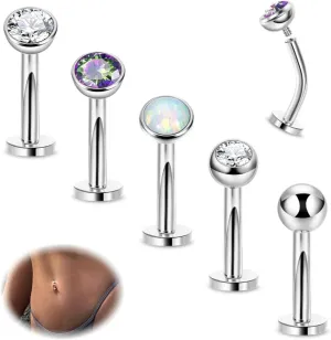 5PCS 316L Stainless Steel Floating Belly Button Rings for Women 14G Petite Flat Back CZ Belly Rings Hypoallergenic Small Opal Internally Threaded Navel Piercing Jewelry 6-16MM