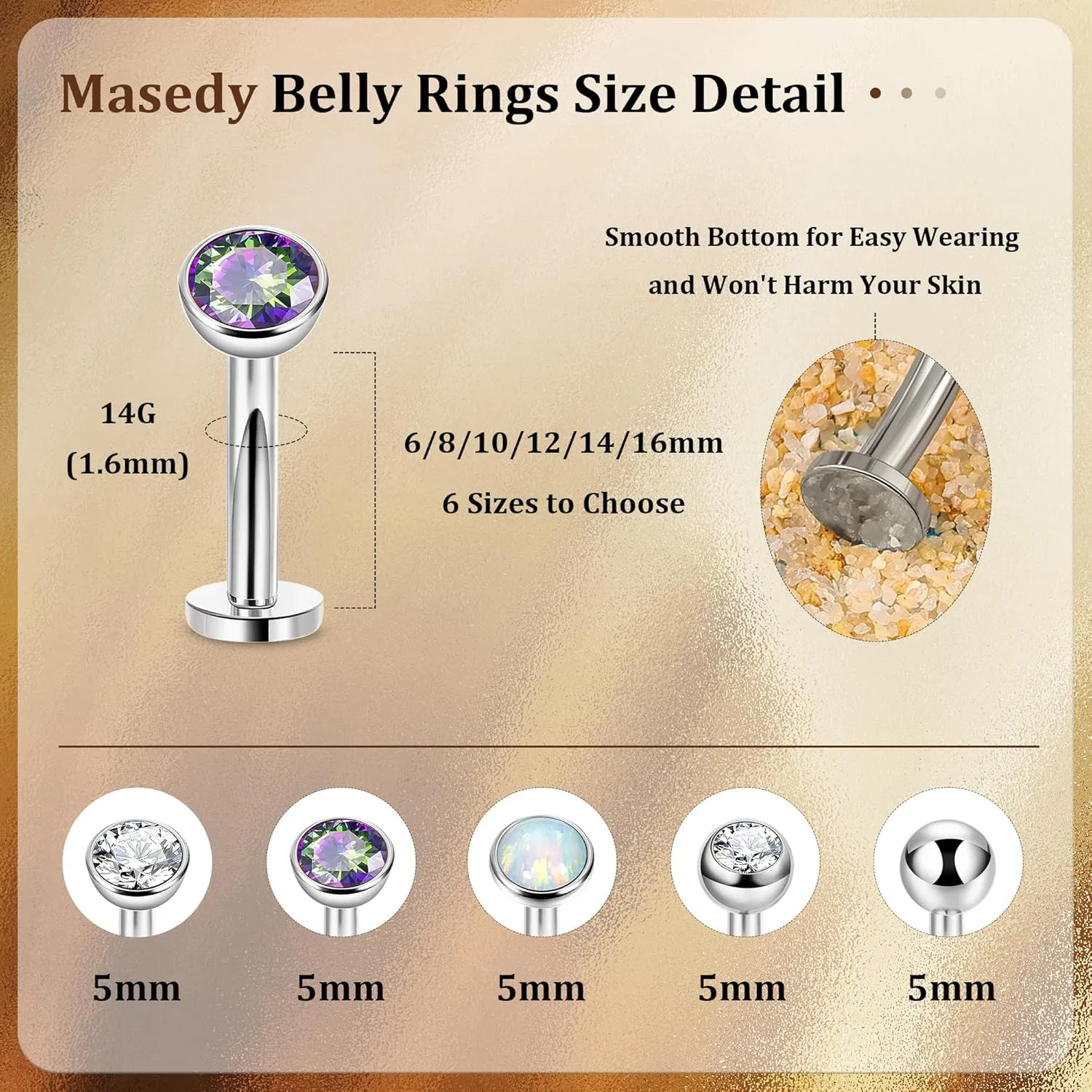 5PCS 316L Stainless Steel Floating Belly Button Rings for Women 14G Petite Flat Back CZ Belly Rings Hypoallergenic Small Opal Internally Threaded Navel Piercing Jewelry 6-16MM